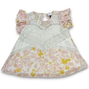 ANTHROPOLOGIE HD in Paris Flutter Sleeve Top Floral & Lace Pink Yellow Size 0